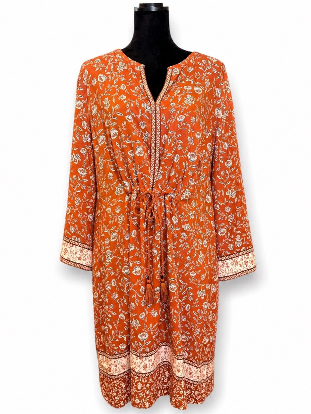 J. Jill Women’s 3x Brown Floral Print Dress Drawstring Waist 3/4 Sleeve NWT